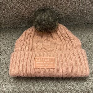 Carhartt Cable Knit Beanie with Faux Fur Pom burnt rose color